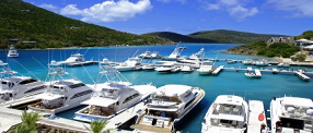 A picture of a marina, boats, villas, living units, trees, ocean