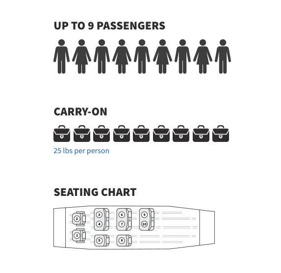 Icons Depicting Passenger Capcity for the Plan, Carry-On Allowance, and Plane Seating Chart