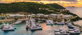 A picture of a marina with boats sunset trees and island