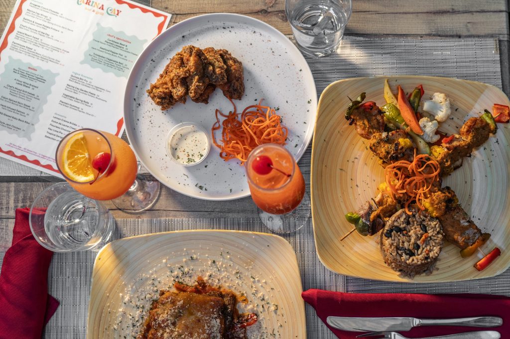 overhead image of table with food plates at Marina Cay